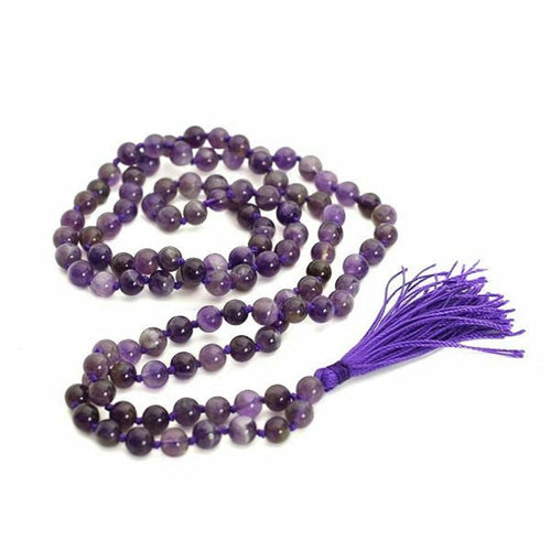 Collar Mala de Amatista Natural — 108 Cuentas con Borla