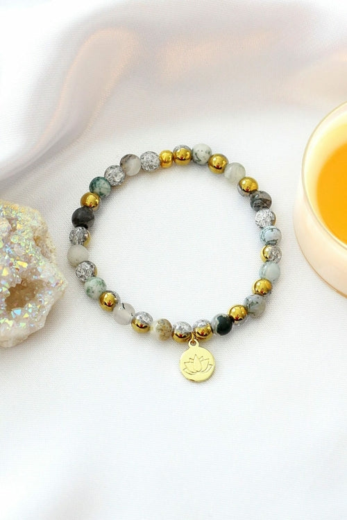 Pulsera Elástica de Ágata Musgosa con Charm Flor de Loto 24K