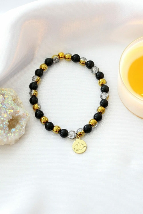 Pulsera Elástica de Obsidiana con Charm Flor de Loto 24K