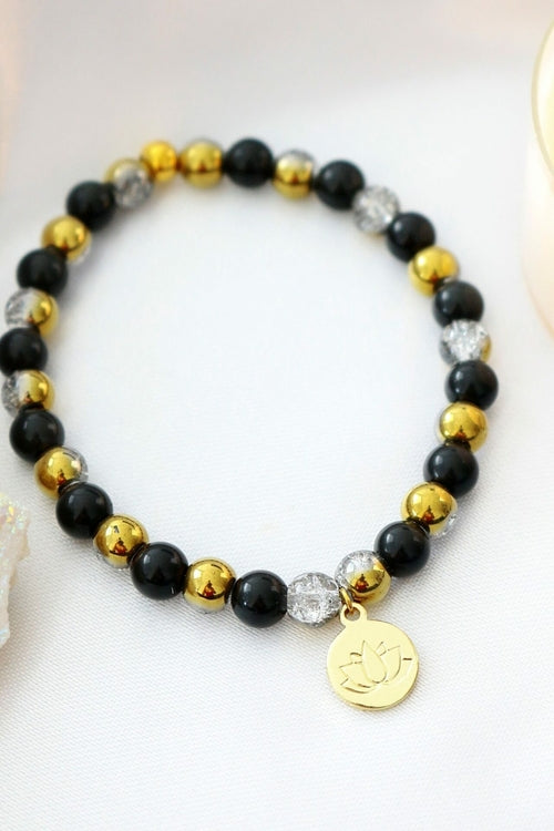 Pulsera Elástica de Obsidiana con Charm Flor de Loto 24K