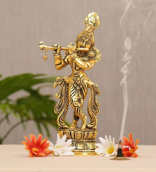Estatua de Metal de Krishna con Flauta — Figura Espiritual Decorativa