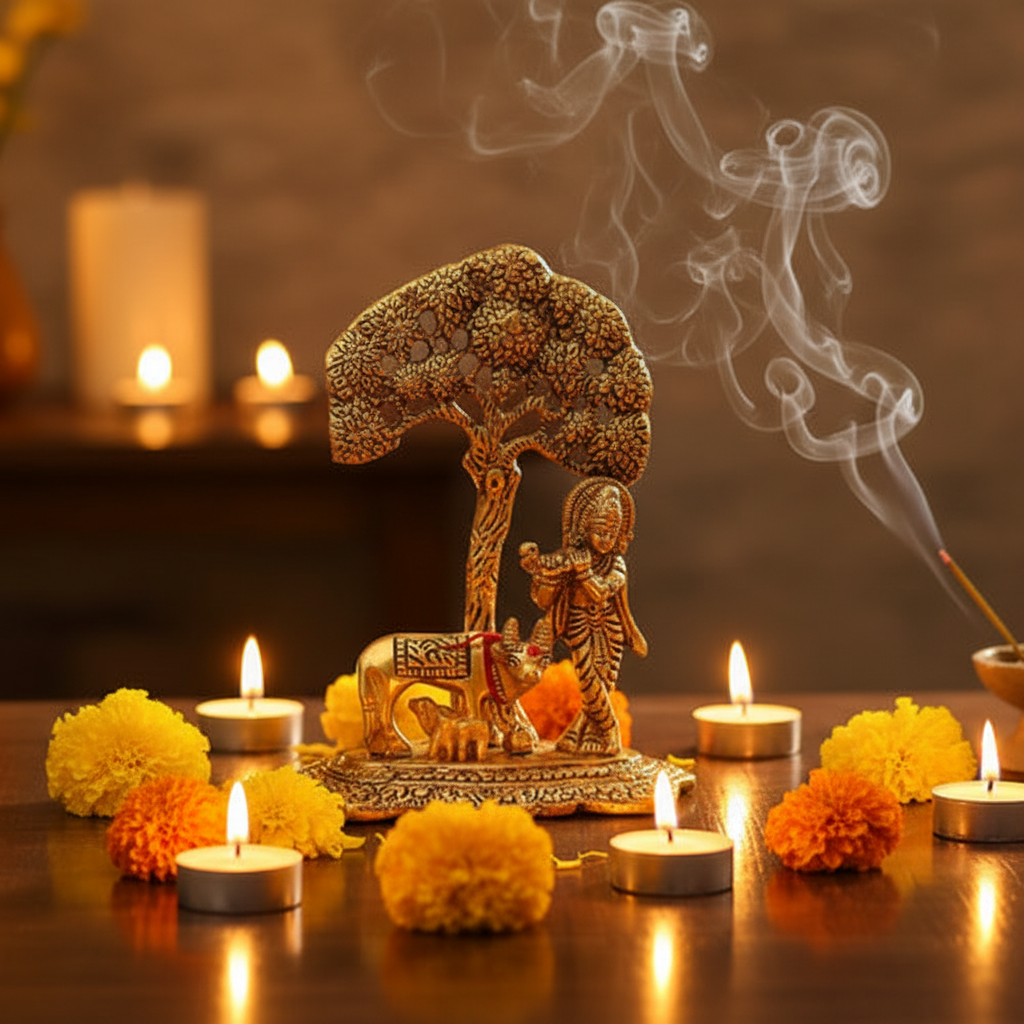 Figura de Krishna con Vaca Kamdhenu — Estatua Decorativa Espiritual